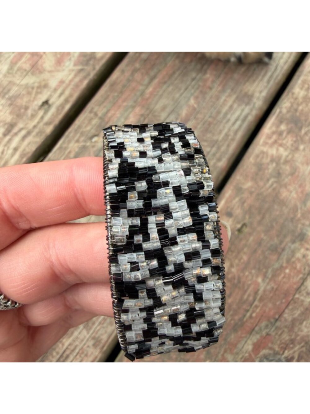 Handcrafted Black & Silver Beaded Cuff Bracelet With Sequins - Picture 3 of 4